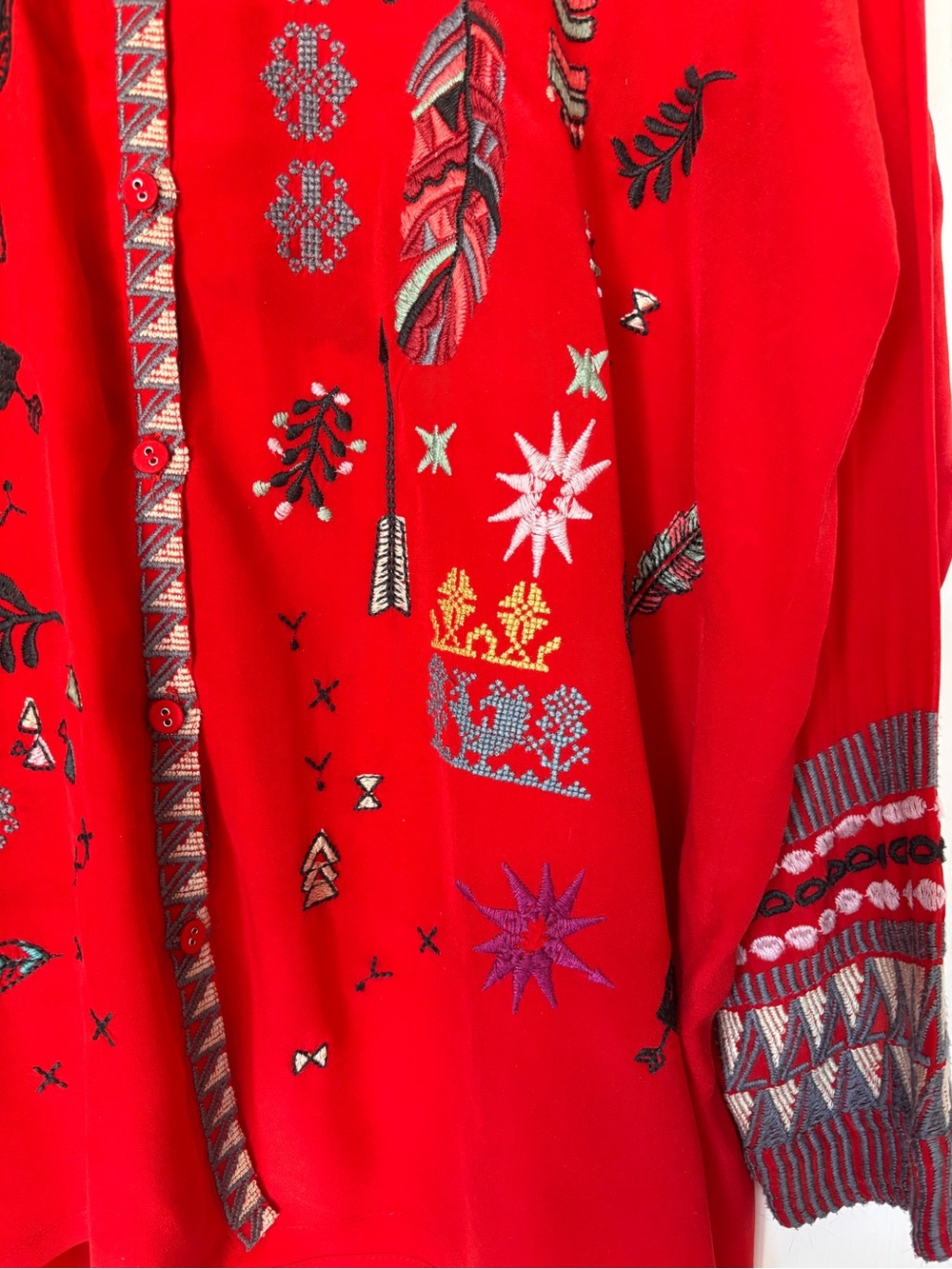 Johnny Was Byia Silk Button-Down Tunic Red women’s small oversized embroidered - Picture 3 of 12